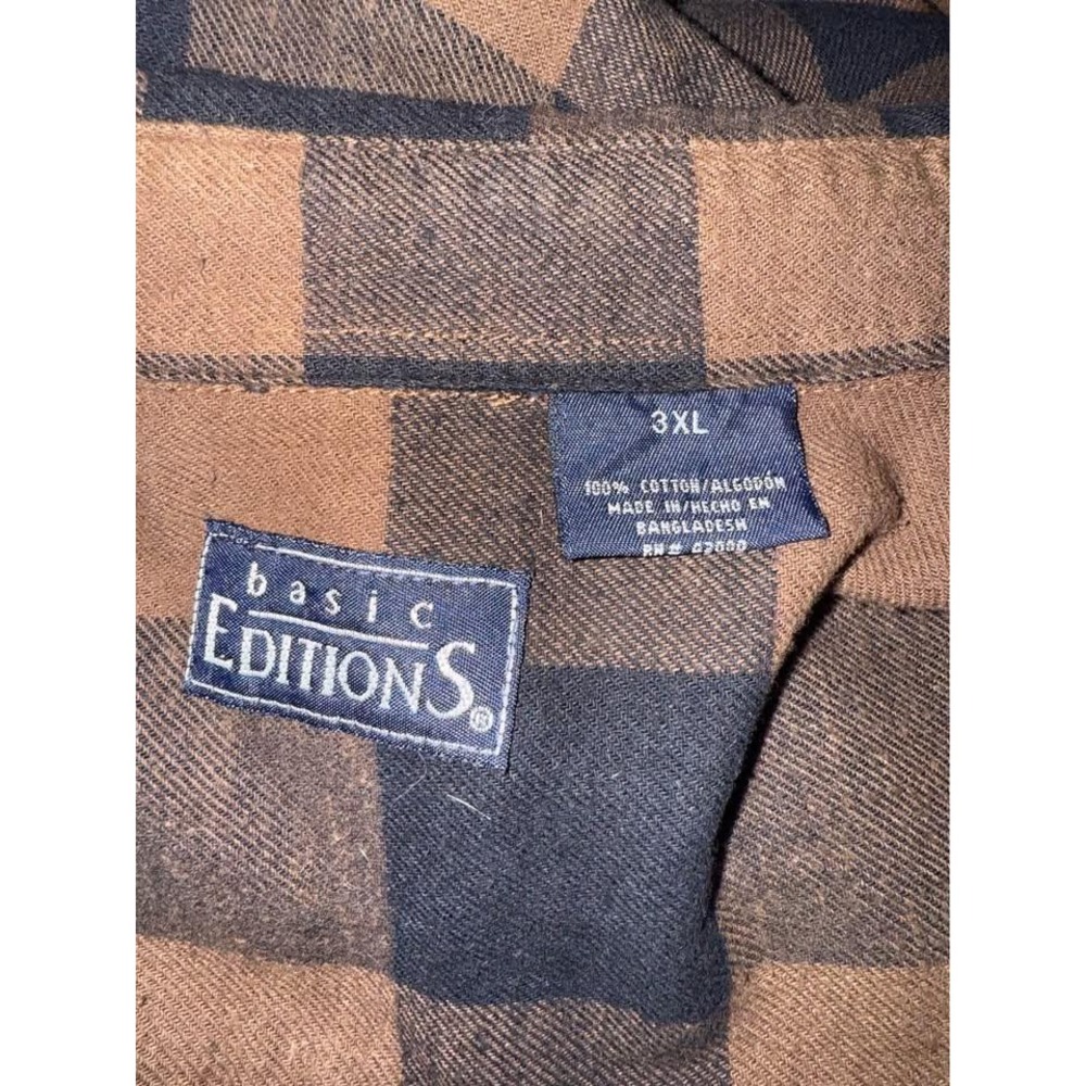 Flannel, Basic Editions Mens 3XL Brown Black Plaid Button Down Shirt